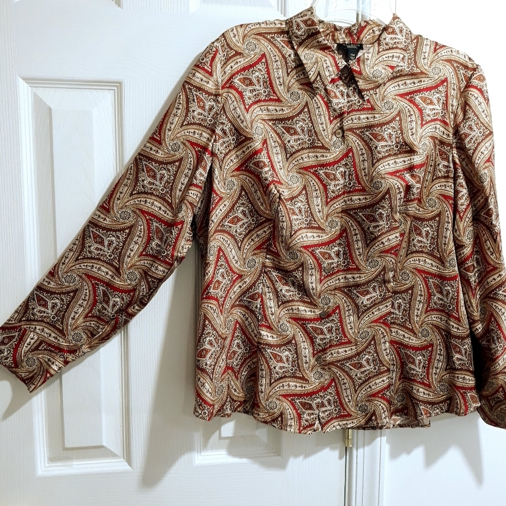 Talbots 100% Silk  Red and Tan Paisley Button Down Shirt Long-Sleeve Top 14 P
